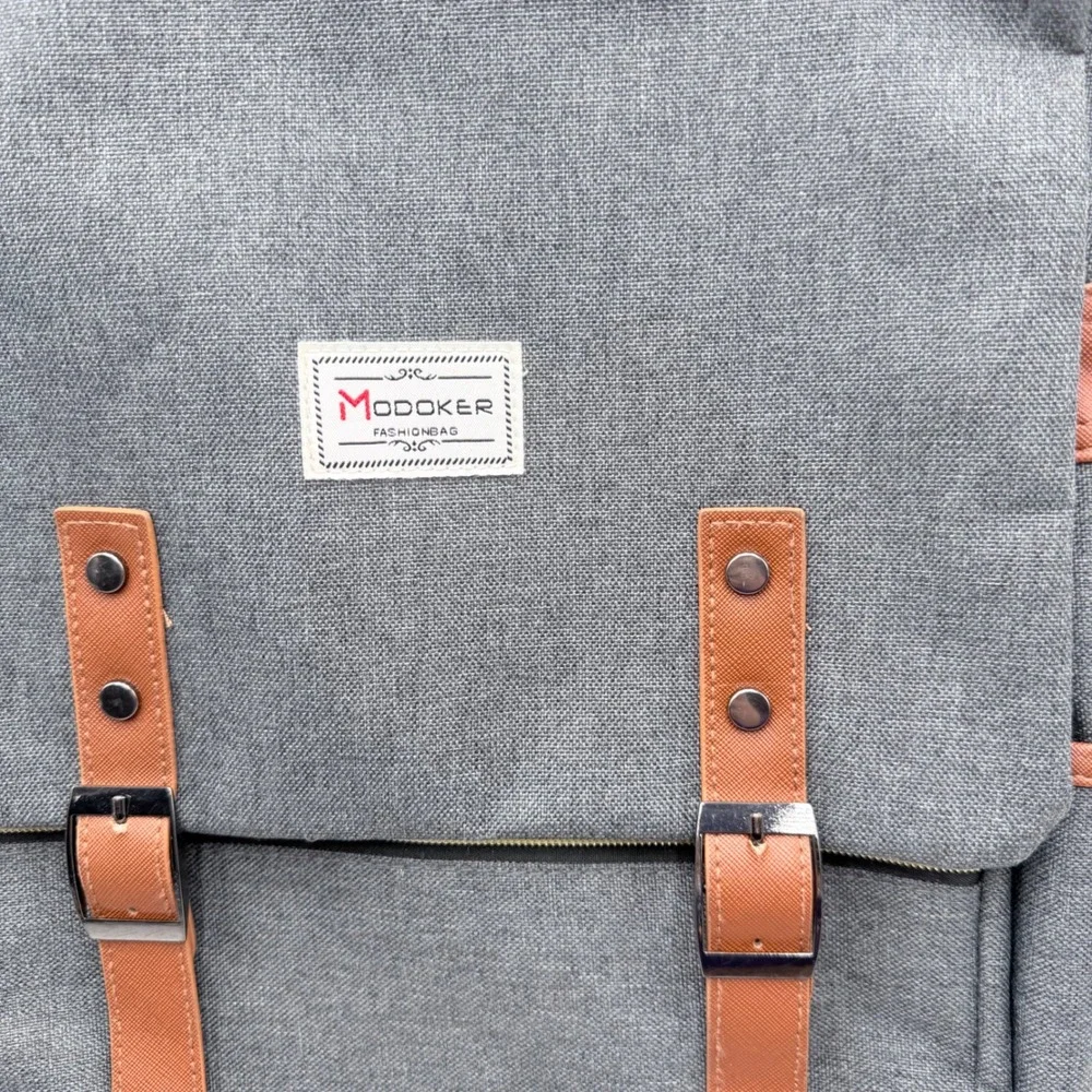 Modoker Vintage Laptop Backpack Grey Brown USB Charging Port Rucksack 15.6 Inch